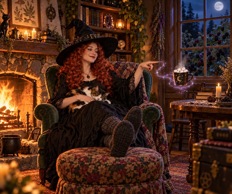 Smiling red-haired cottage witch holds a calico cat while conjuring floating hot cocoa by a lit f...