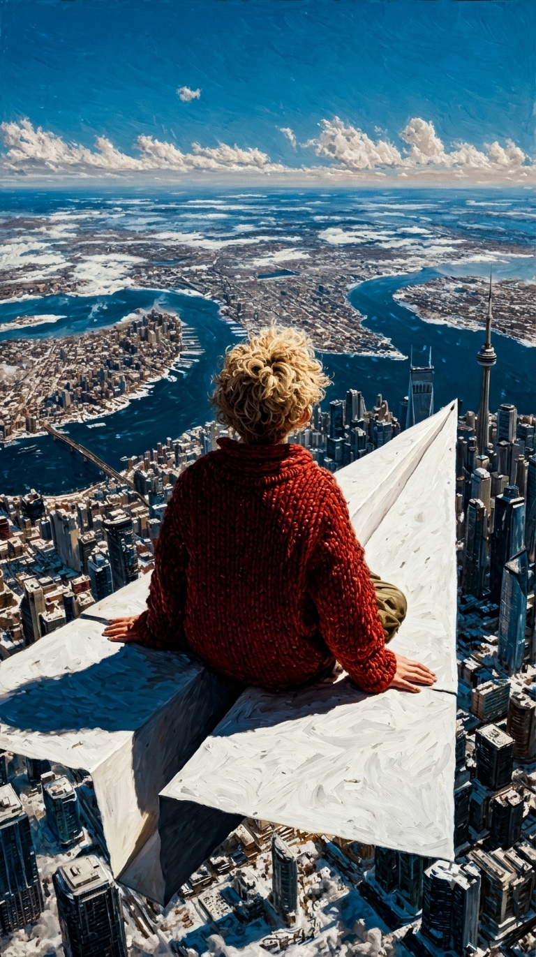 Person in a red knit sweater sits on a giant paper airplane soaring high above a snowy city
