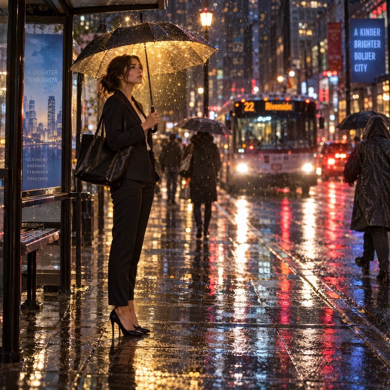 Businesswoman holding a lit umbrella waits at a rainy downtown bus stop on a wet city evening