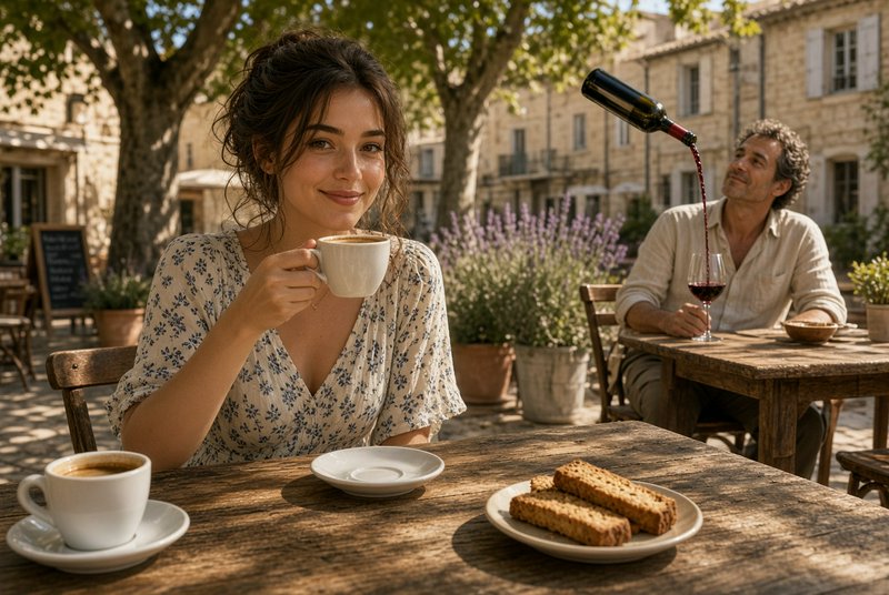 Smiling woman sips espresso at a sunlit French village café as a man has magically floating wine ...