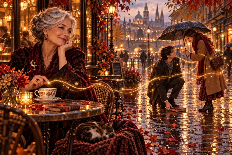 Smiling mature woman at a rainy fall sidewalk cafe watches an enchanted romantic street scene