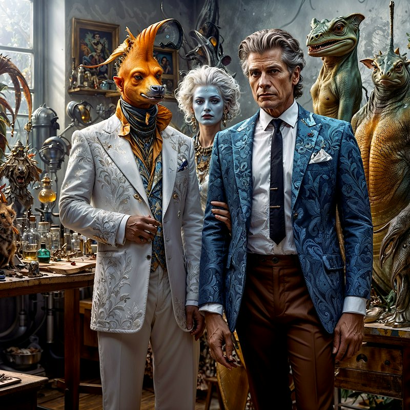 Surreal group of elegantly dressed humanoid, alien, and beast figures pose in a sunlit steampunk ...
