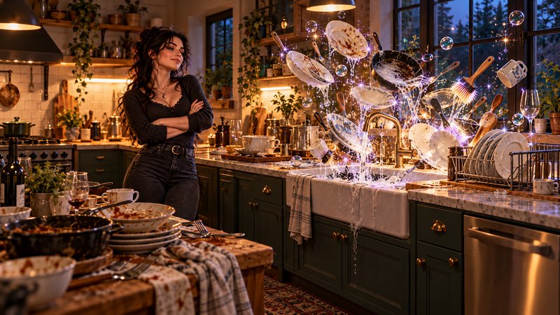Amused woman stands with crossed arms as dishes magically float and wash themselves above a kitch...