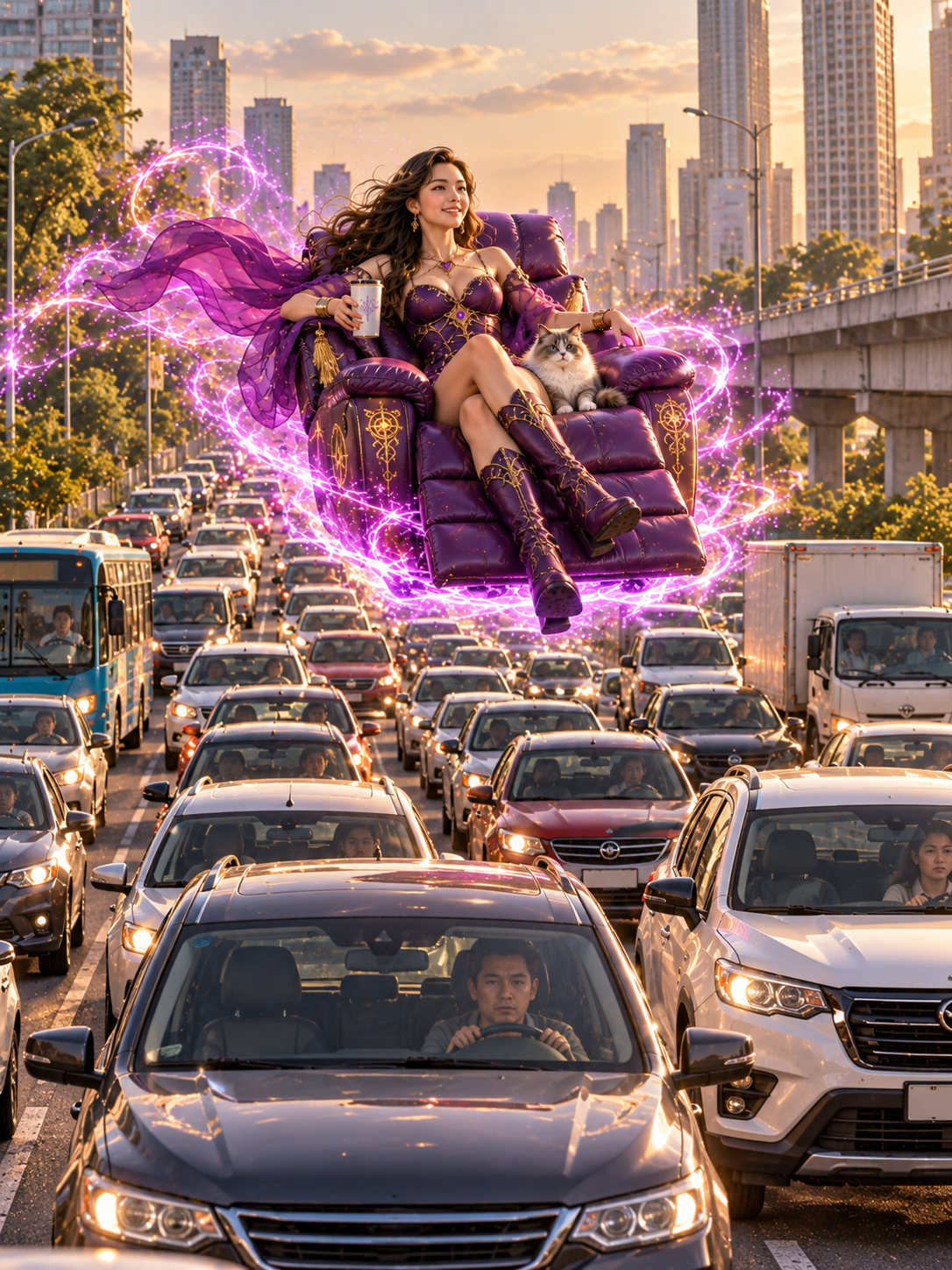 Magical woman floats on an ornate purple armchair with her cat above gridlocked city highway at sunset