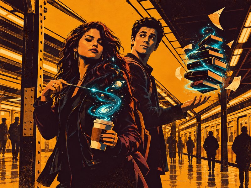 Modern magical couple casting spells on a glowing vintage subway station platform