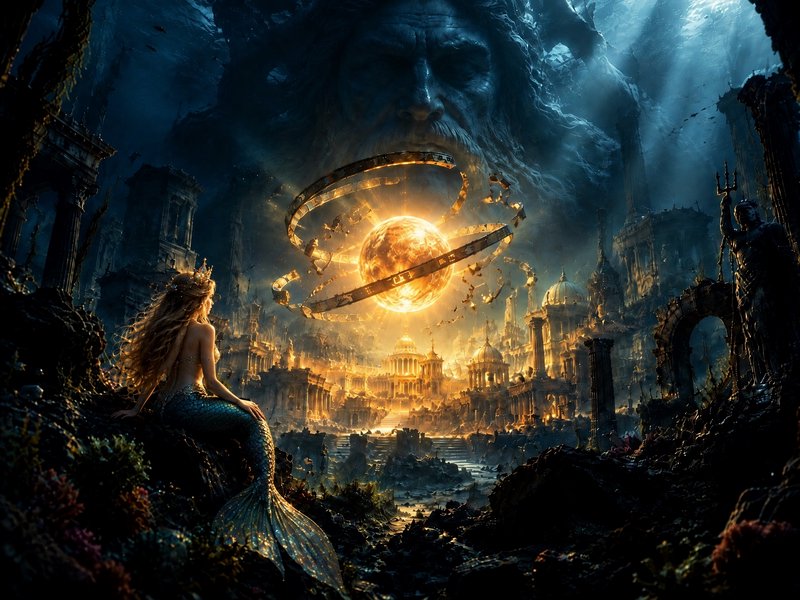 Crowned mermaid sits overlooking glowing sunken Atlantis beneath a giant stone Poseidon face and ...