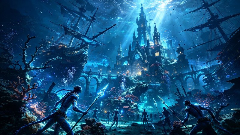 Armored merfolk warriors approach a glowing gothic underwater castle flanked by sunken galleon ships