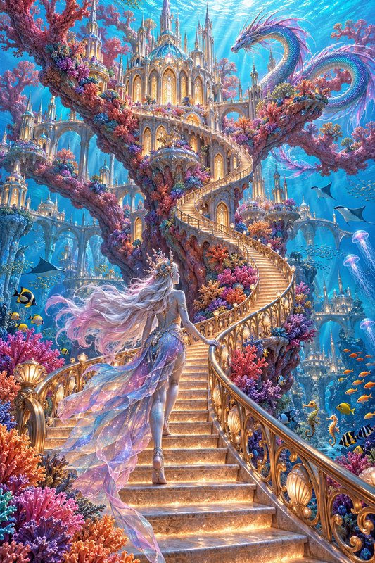 Ethereal ocean queen climbs a glowing spiral staircase toward an ornate underwater coral palace w...