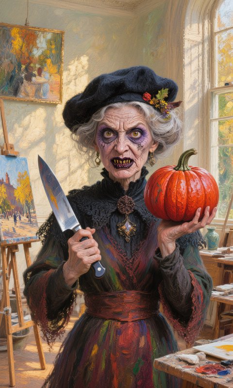 Older woman dressed as a witch in a colorful art studio, holding a pumpkin and a knife.