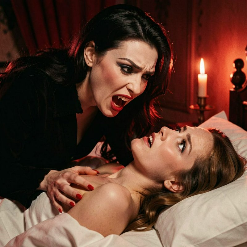 Woman with dark hair screams over a bedbound woman in a candlelit, red-tinted room.
