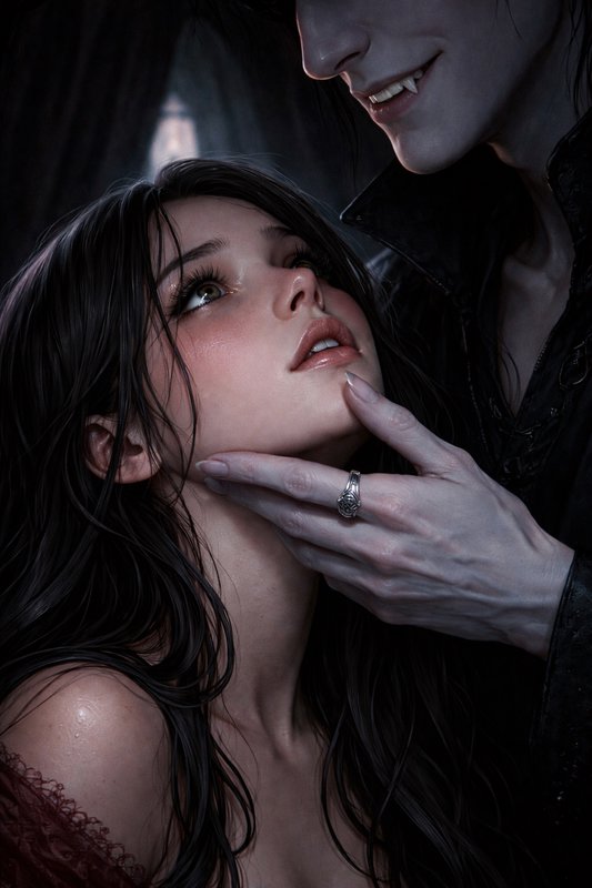 Close-up of a woman gazing upward as a pale hand with a ring gently holds her chin in a dark, moody portrait.