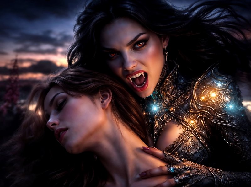 Vampire in ornate armor sinks fangs into a sleeping woman at dusk in a dark fantasy scene