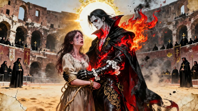 Gothic vampire in a fiery black-red cloak comforting a bound woman in an ancient arena.