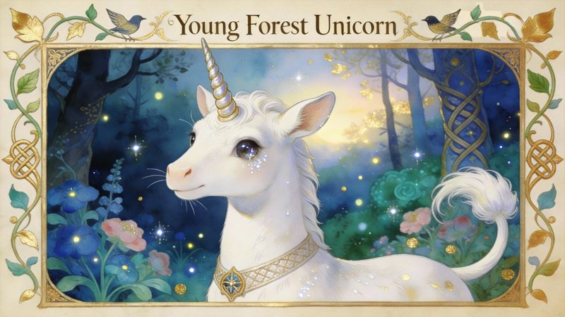 White unicorn with a gold horn in a magical forest scene framed by an ornate border