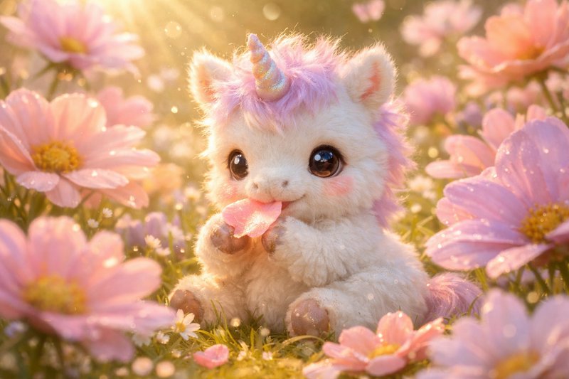 Cute pastel plush unicorn with big eyes in a field of pink flowers, sunshine glow.