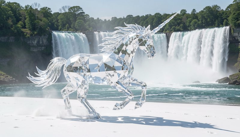 Crystal horse sculpture with mirrored facets on a white plaza, set against a misty waterfall back...