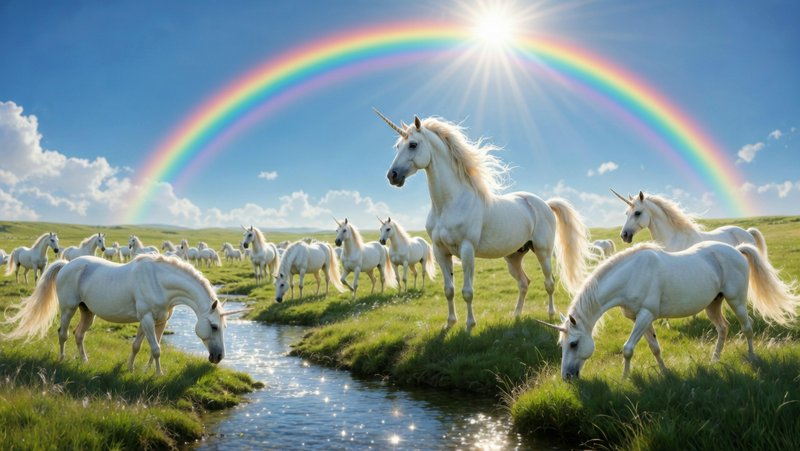 A herd of white unicorns grazing near a sparkling stream under a vivid rainbow.