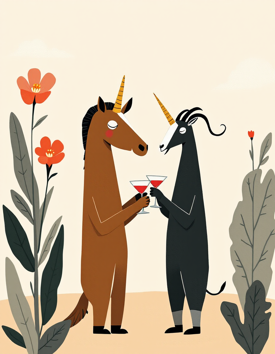 Two colorful unicorns toasting with cocktails in a whimsical garden scene.