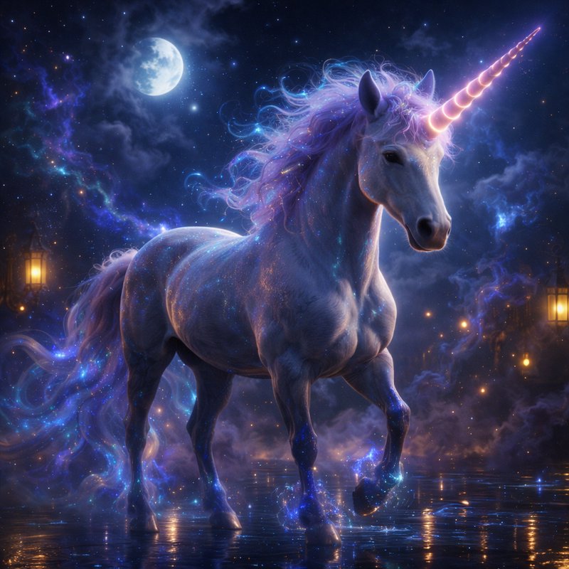Fantastical white unicorn with a glowing spiral horn in a moonlit cosmic night scene.