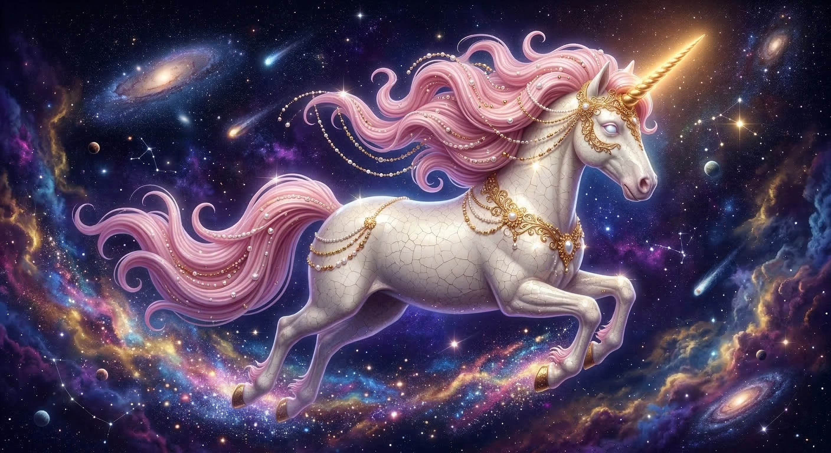 White unicorn with pink mane flying through a starry cosmic landscape adorned with gold jewelry.