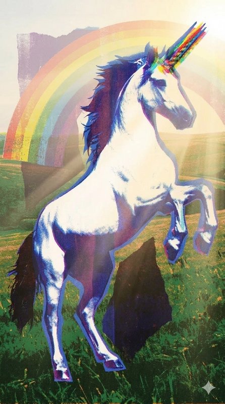 White unicorn rearing with rainbow horn in a grassy field with a pastel rainbow backdrop