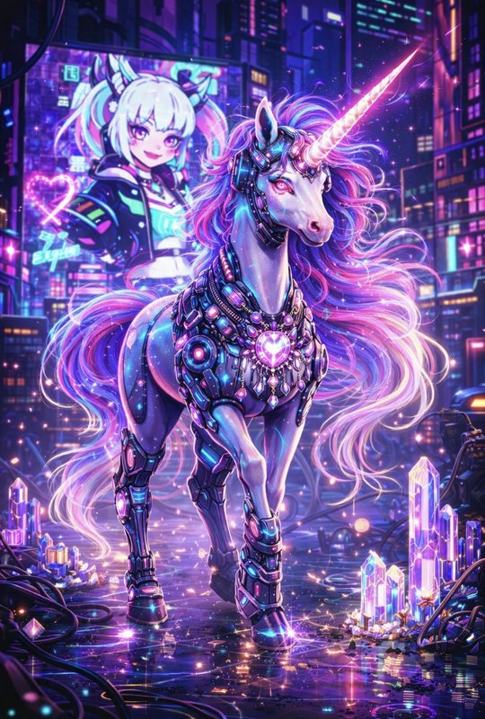Neon-lit cyberpunk unicorn in glowing armor with a radiant horn in a futuristic city.