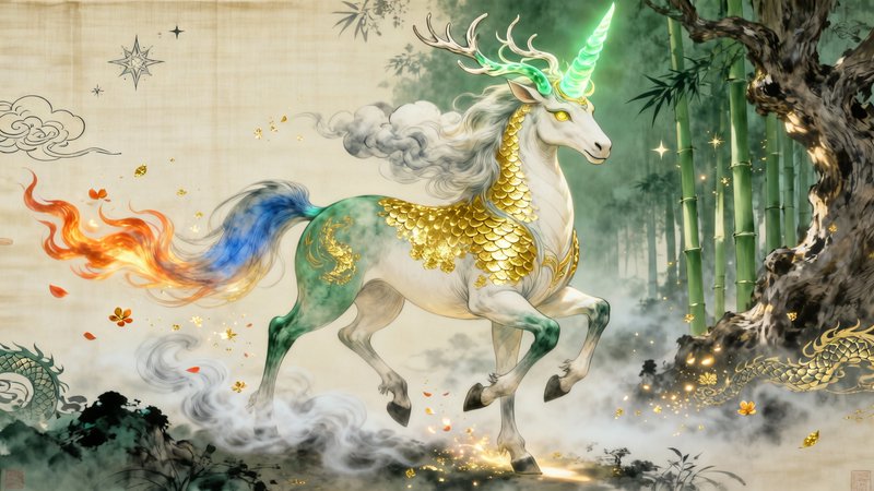 Mythical unicorn with golden scales and a glowing green horn in a misty bamboo forest.