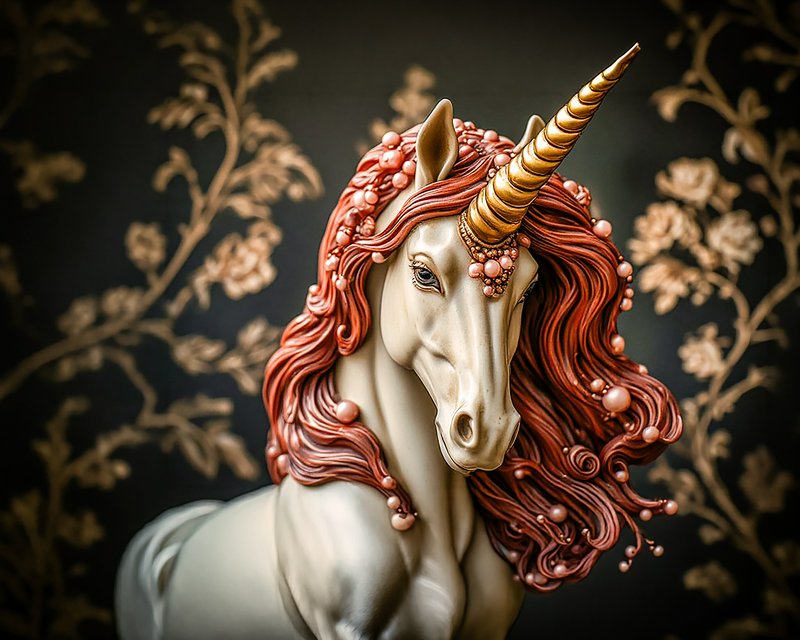 Elegant unicorn statue with pink-red flowing mane and golden horn against floral wallpaper.