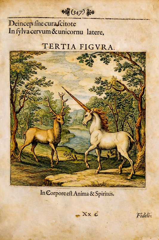 Antique illustration of a white unicorn with a horn and a stag in a forest setting.