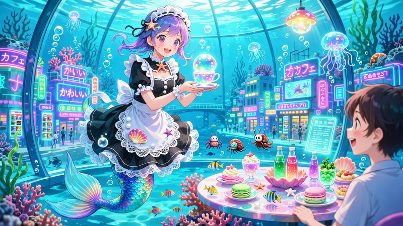 Mermaid waitress in a frilly maid outfit serves glowing orbs in an underwater cafe.