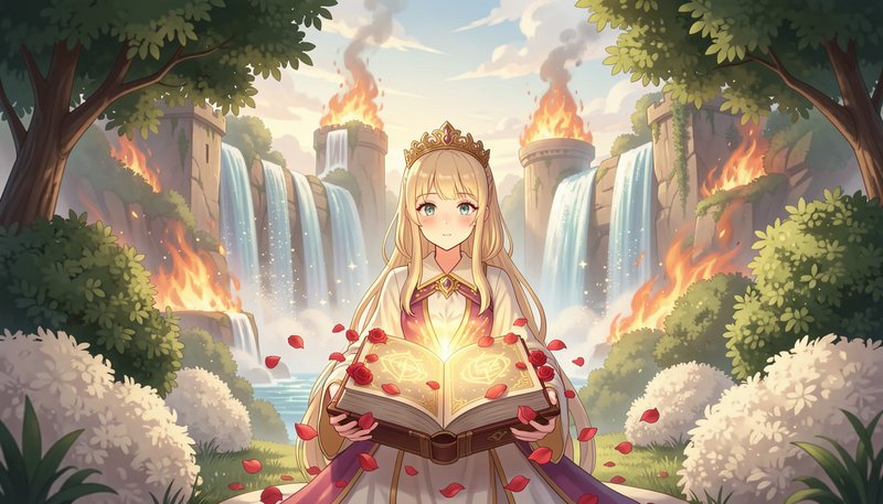 Anime-style princess with crown reading a glowing book in a lush garden with waterfalls and torches.