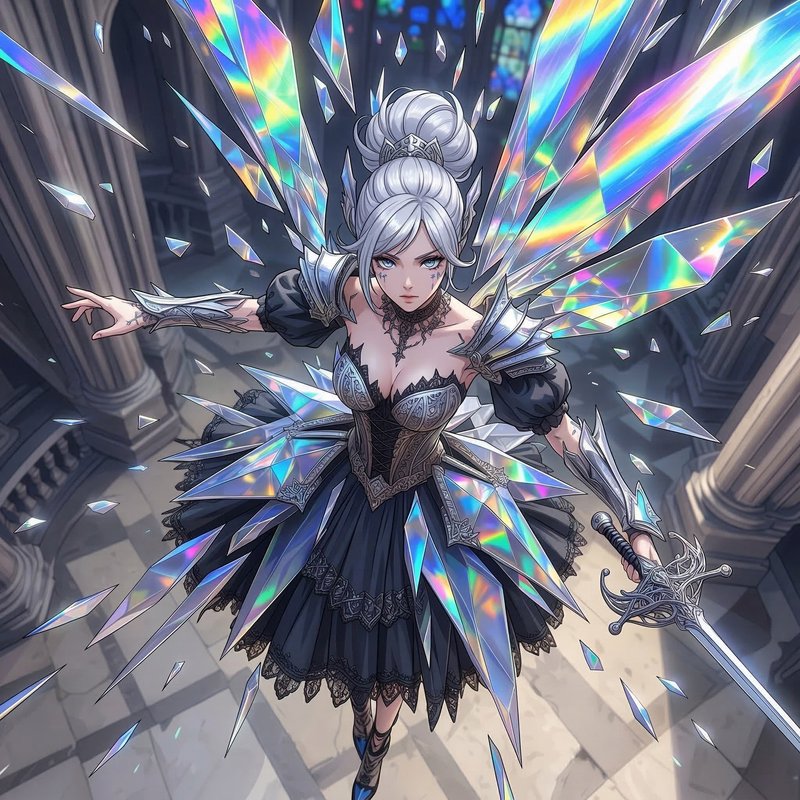 Fantasy warrior woman with silver hair in a dark ornate armor, surrounded by shimmering crystalli...