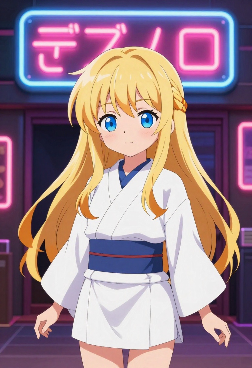 Anime girl with long blonde hair and blue eyes in a white kimono with blue obi, neon-lit background.