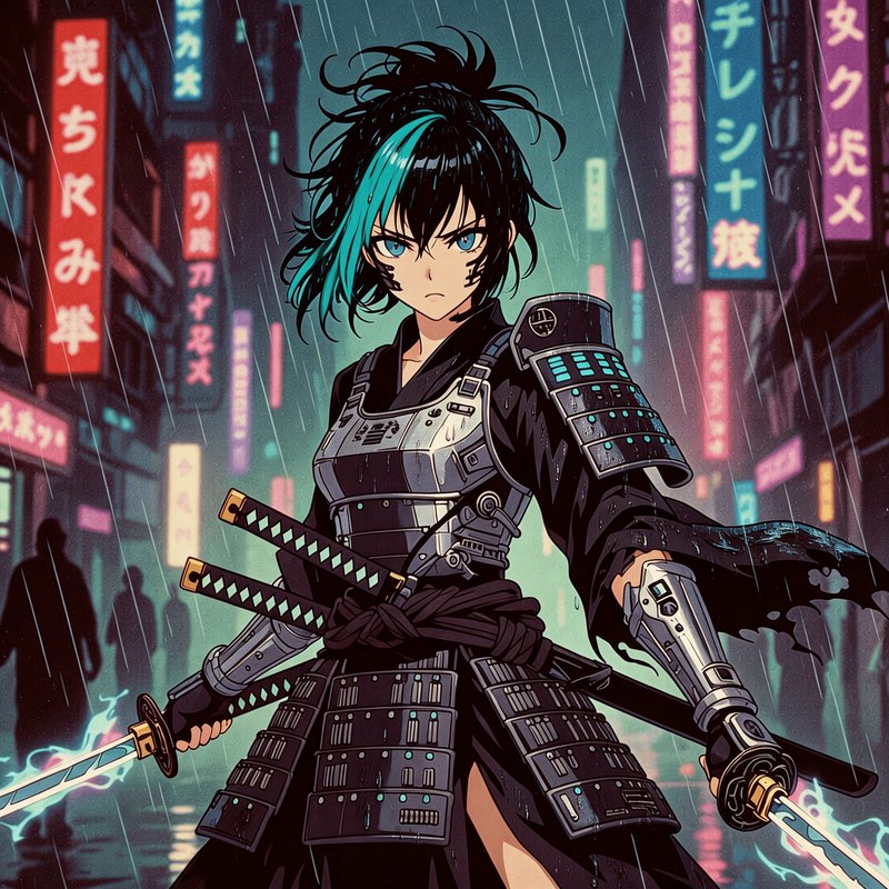 Female samurai in metallic armor wields dual katanas in a neon-lit rainy city.