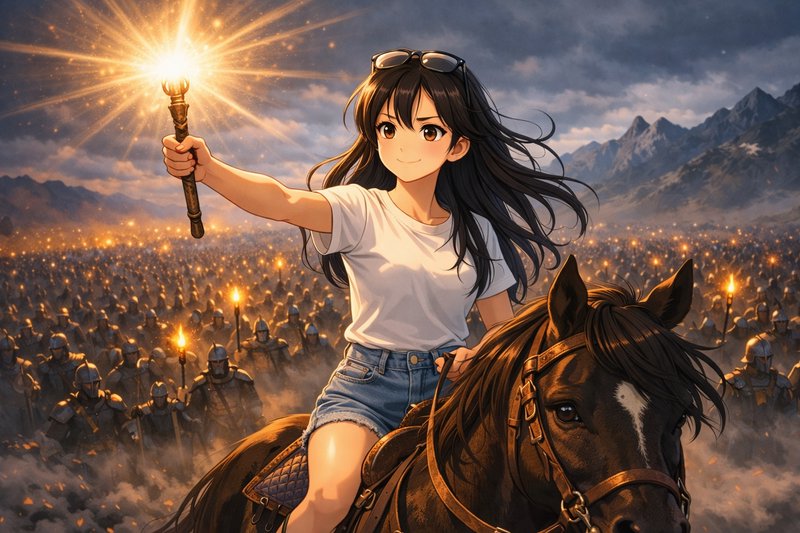 Anime-style girl riding a horse, holding a lit torch against a vast, torchlit army.