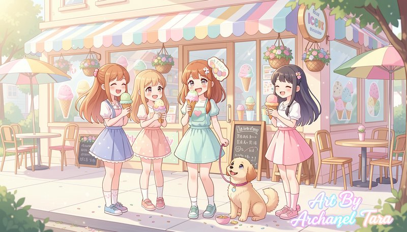 Four anime-style girls in pastel dresses enjoy ice cream outside a colorful ice cream shop with a cute dog.