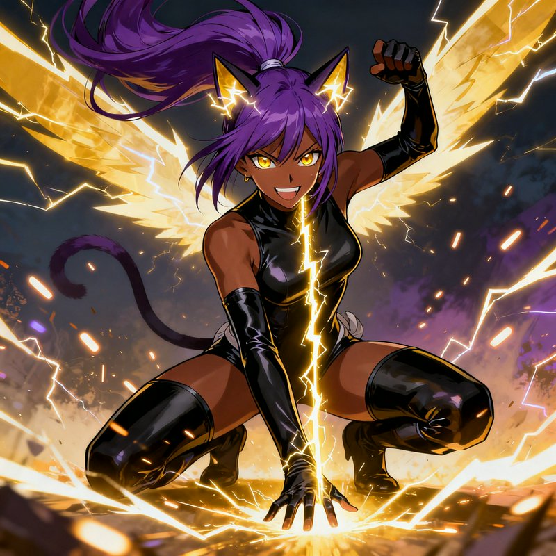 Dynamic anime-style female with purple hair, cat ears, and glowing lightning powers in a black gl...