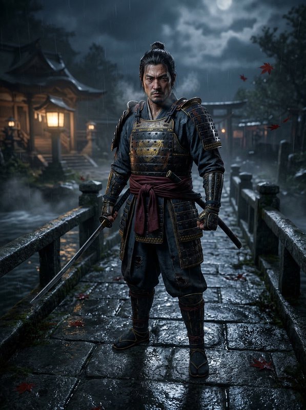 Battle-ready samurai in rain-soaked armor stands on a stone bridge at night.