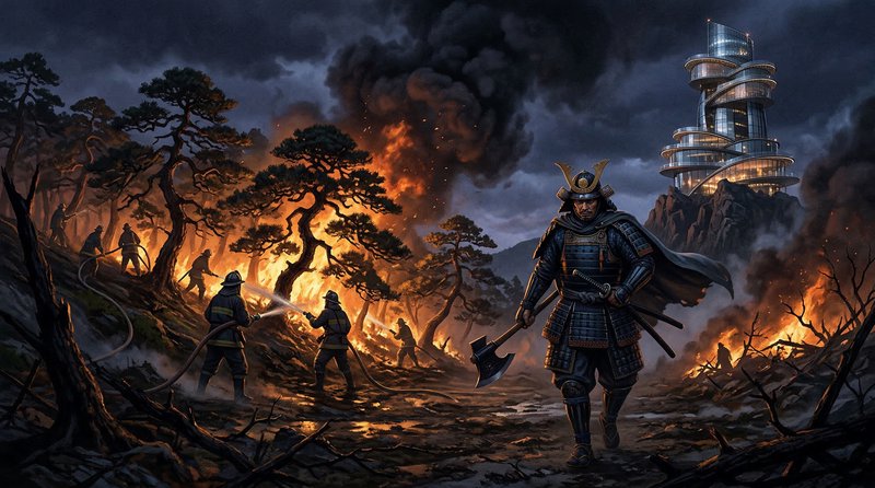 Medieval samurai warriors amid a burning forest with a futuristic spiral tower in the distance.