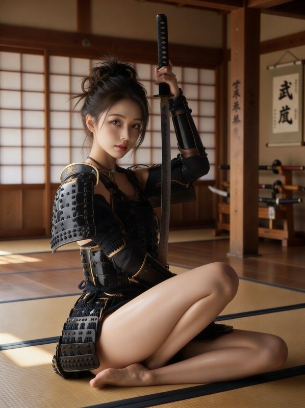 Woman in black kendo armor kneels on tatami, raising a katana in a dojo.