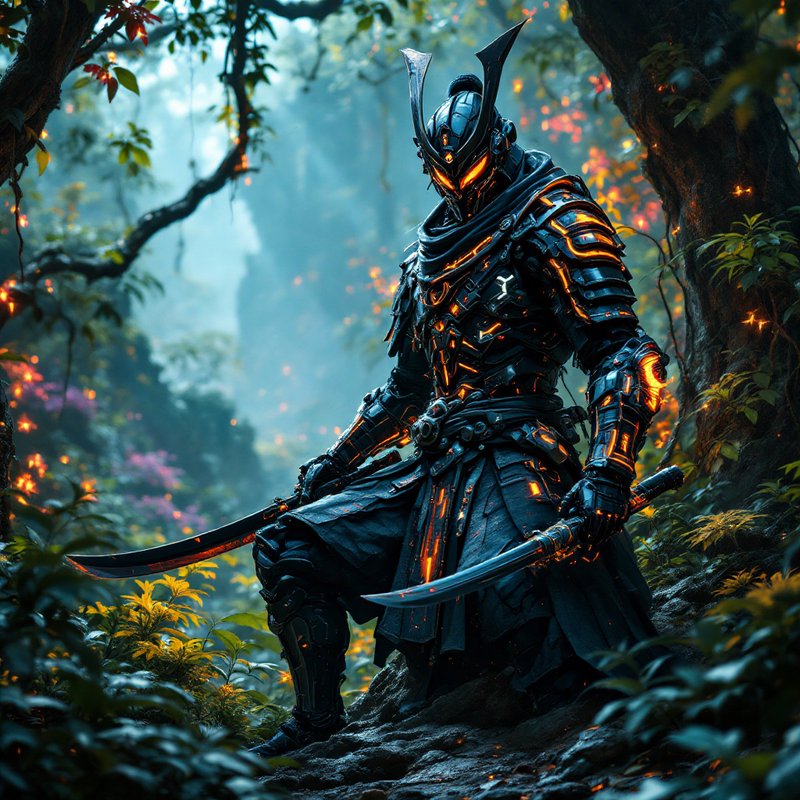 Dark armored warrior with glowing orange accents kneels in a misty forest.