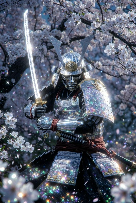 Glowing illuminated samurai in ornate armor wielding a katana among cherry blossoms.