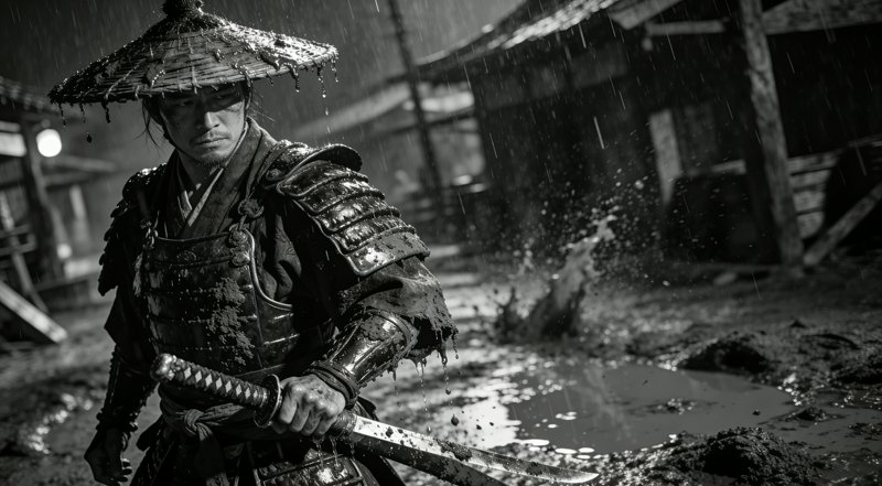 Black-and-white image of a lone samurai in armor with a sword in the rain.