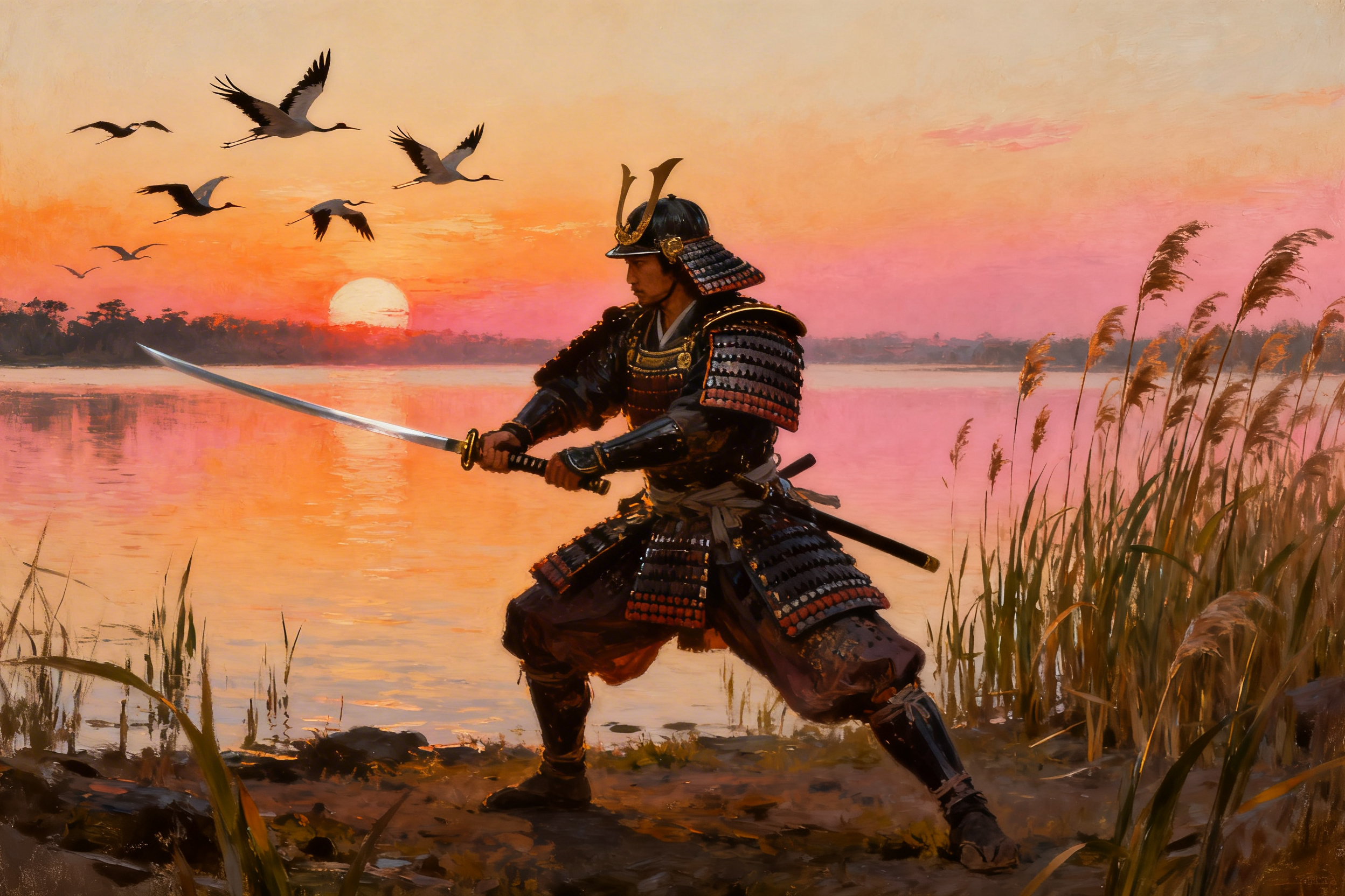 Samurai Practicing At Sunset