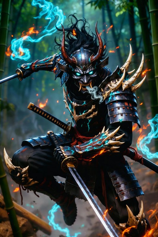 Demon-armored warrior with horned helm and glowing blue eyes, wielding swords amid blue flames in...