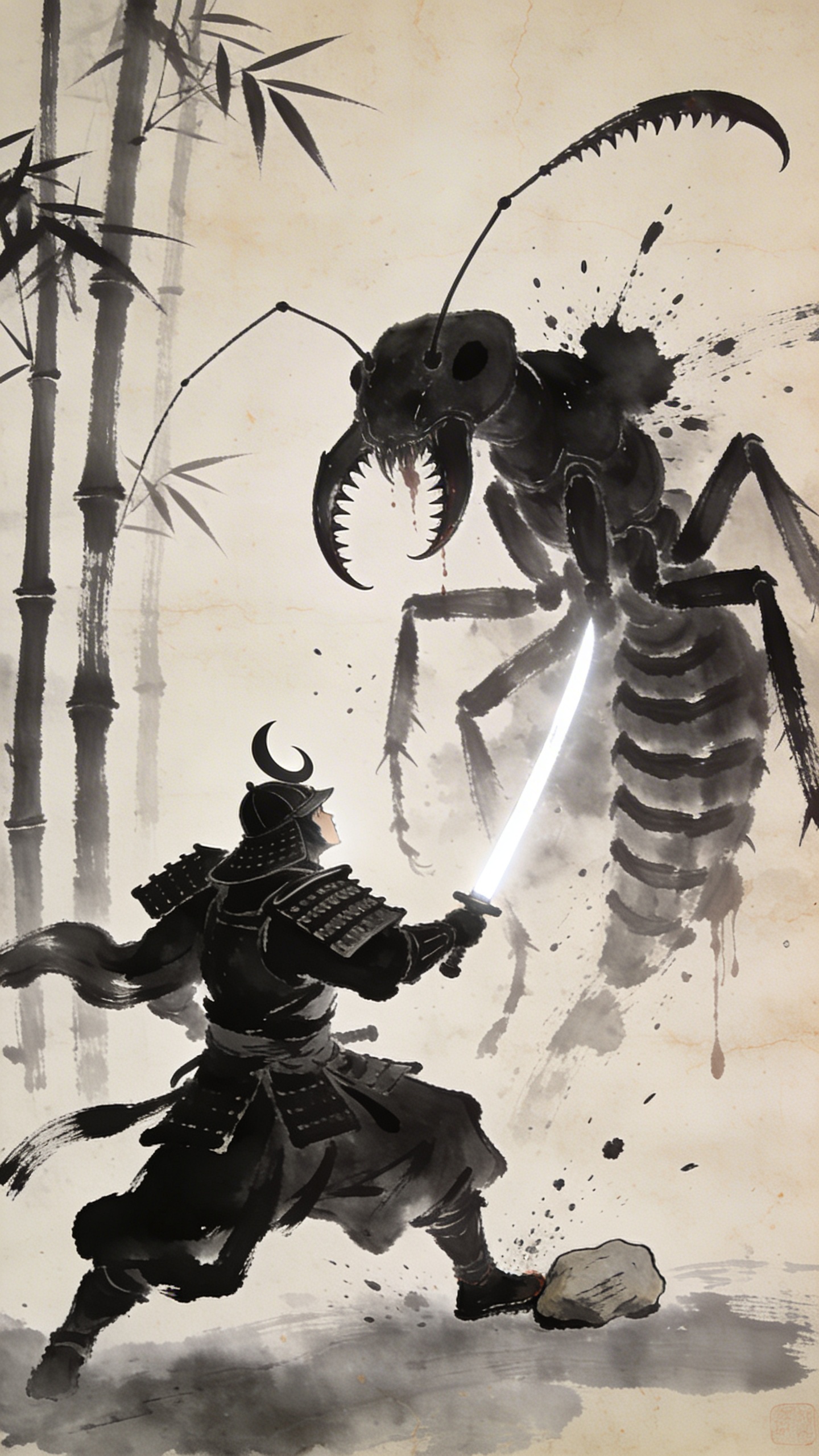 Stylized ink-wash scene of a armored samurai clashing with a towering insect-like monster in a bamboo forest.