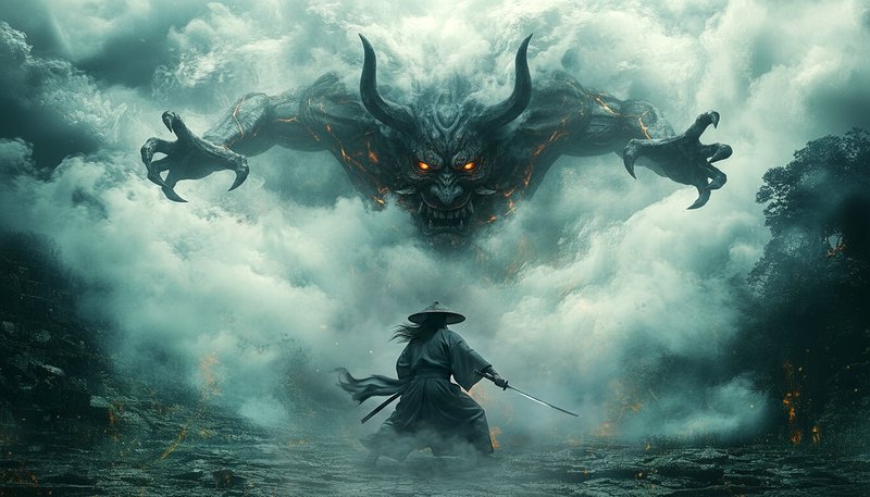 Samurai warrior with sword faces a colossal demon emerging from smoky clouds