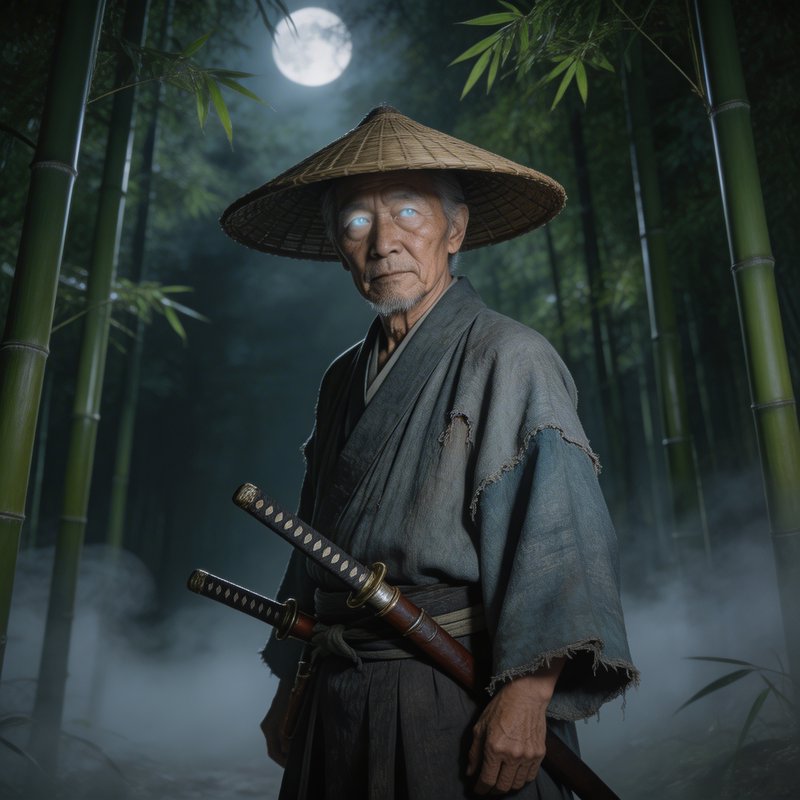 Older samurai in a tattered robe with two swords in a misty bamboo forest under a full moon