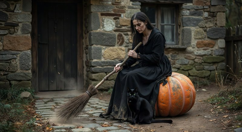 Woman in a black dress sits on a pumpkin with a broom beside a stone cottage.