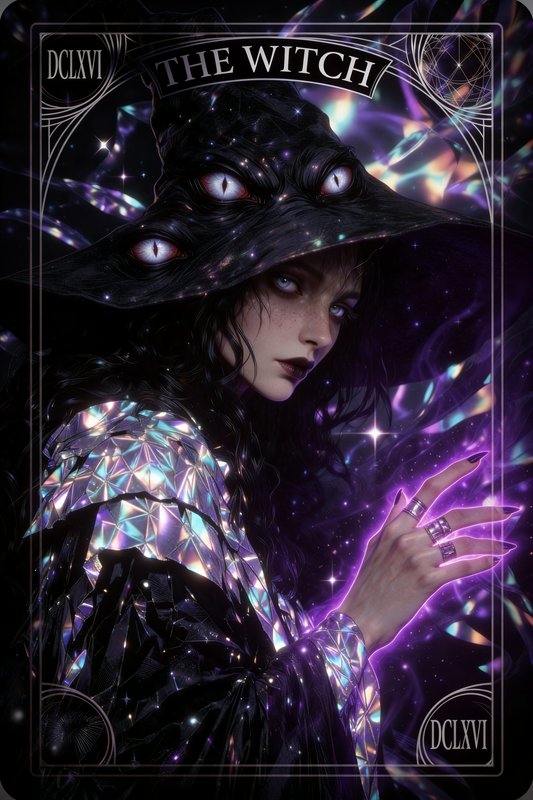 Fantasy witch in a shimmering holographic cloak and wide hat with eye motifs.